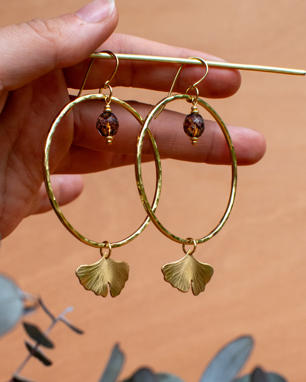 Créoles Ginkgo et perles ambrées