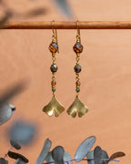 Boucles d'oreilles Harmonie et leur Ginkgos, couleurs ambrées et nuances de vert