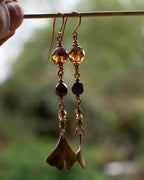 Boucles d'oreilles Harmonie et leur Ginkgos, couleurs ambrées et nuances de vert