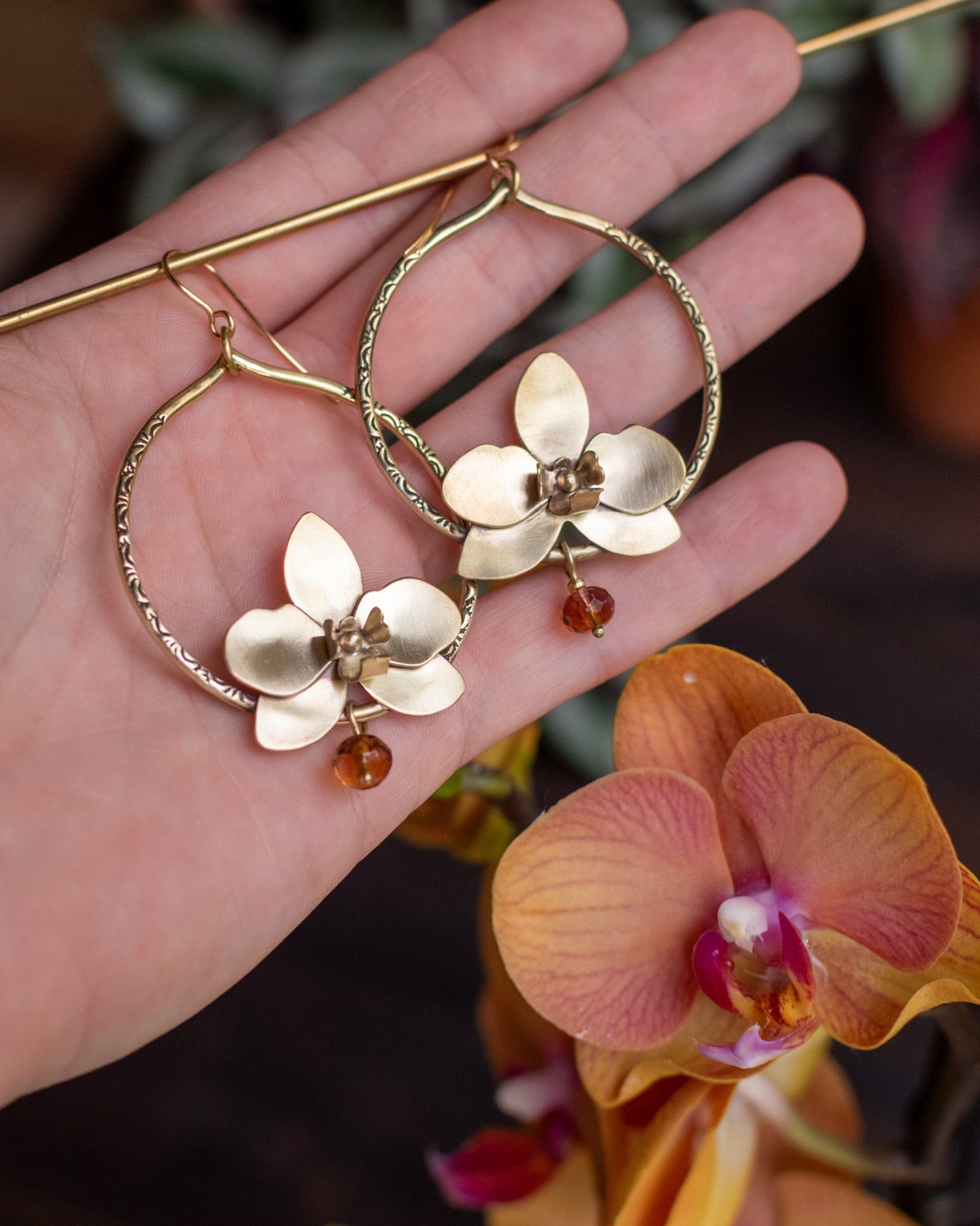 RÉSERVÉES pour Angèle - Créoles Orchidées Rose-oranger