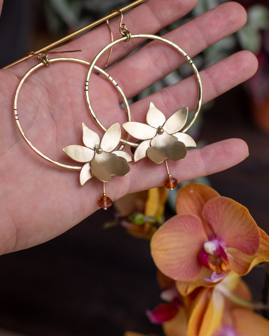 Créoles Orchidées Rose et ambré