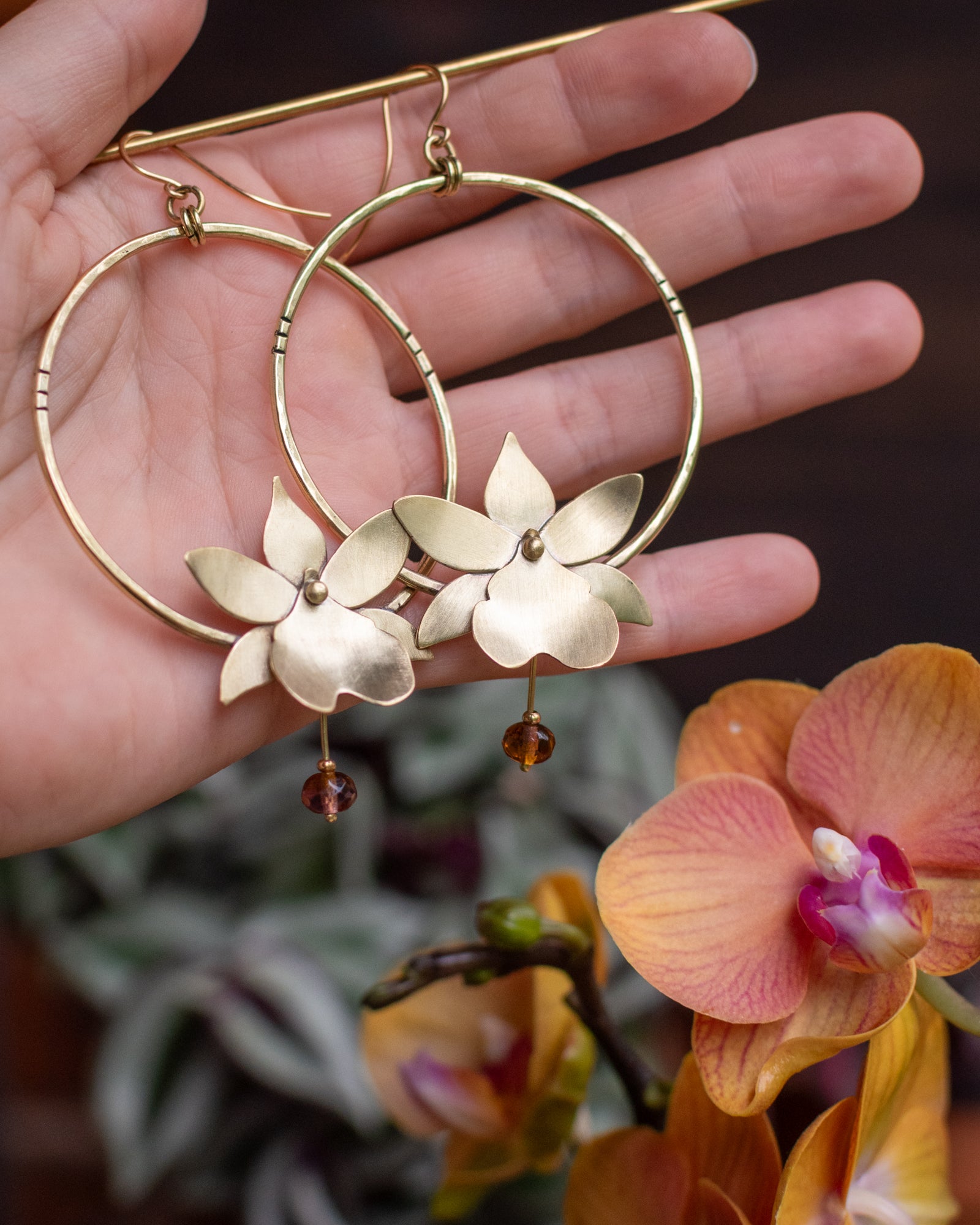 Créoles Orchidées Rose et ambré